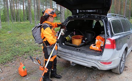 Sakari mantila pakkaa työvälineitään auton takakonttiin metsätien varressa. 