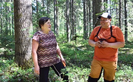 Raija Hämäläinen ja Teemu Ukkonen keskustelevat metsässä.