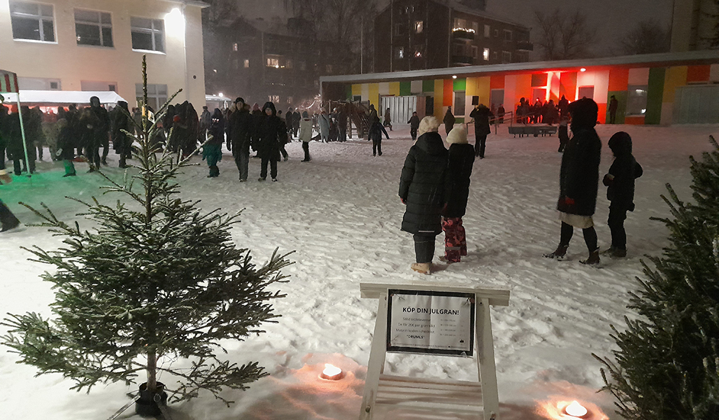 Ihmisiä talvella joulumyyjäisissä. Etualalla Kurk Fields & Forestin joulukuusia ja ulkotulia. 