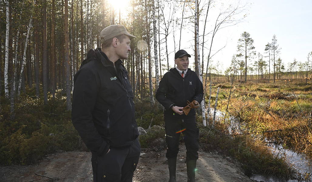 Ville Koukkari ja Jari Järvenpää seisovat kosteikon reunassa, josta alkaa suojelualue. 